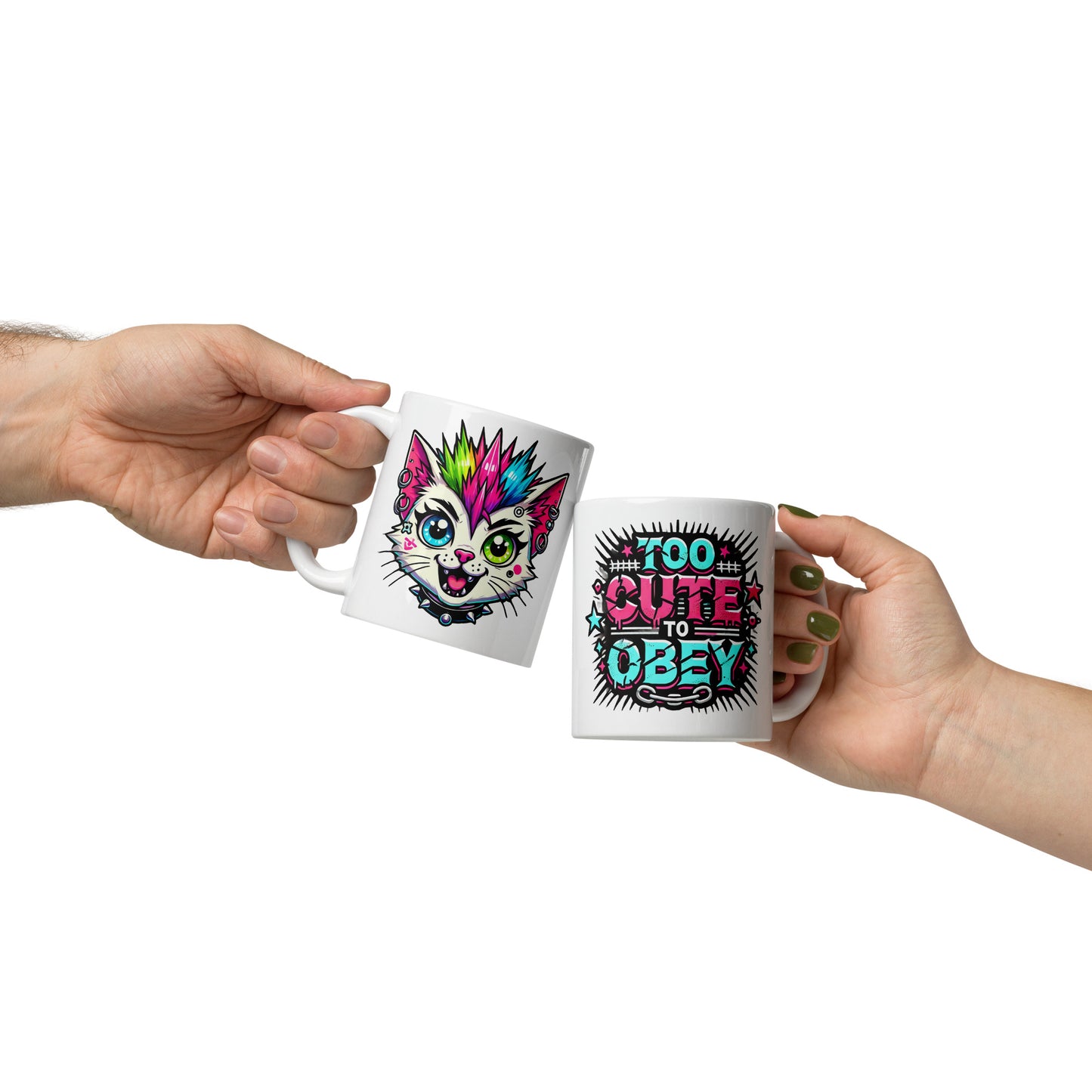 "Too Cute to Obey" – Punk Cat Mug for Rebels