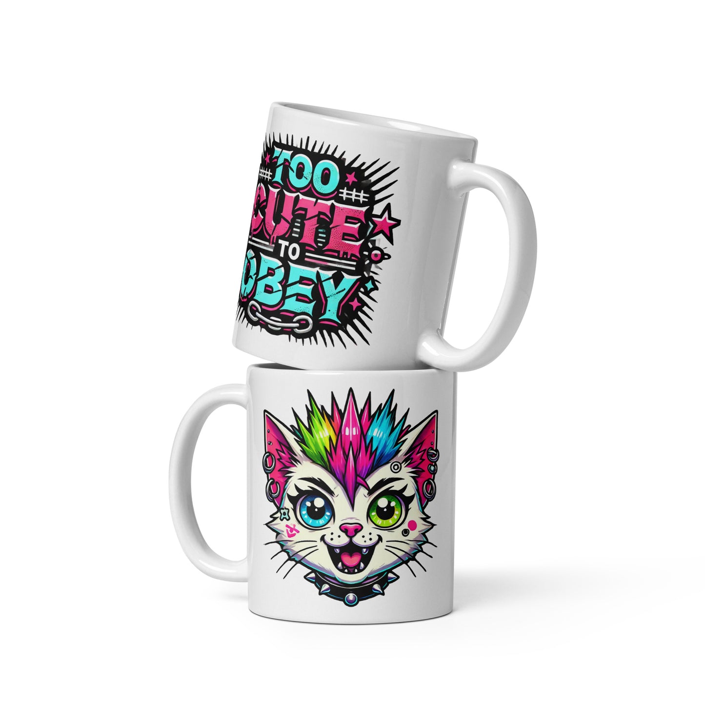 "Too Cute to Obey" – Punk Cat Mug for Rebels